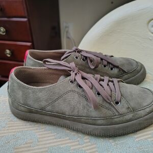 FitFlop Taupe Suede Lace-Up Sneakers with Pink Heel Accent